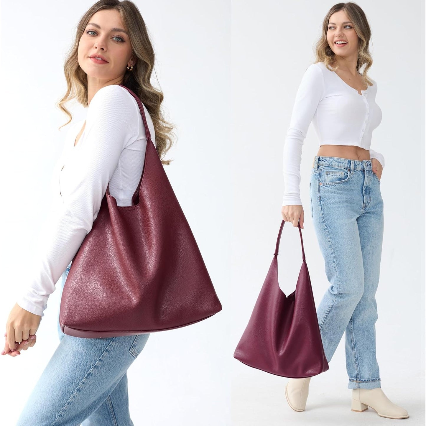 Soft Vegan Leather Hobo Bag for Women - Dark Red