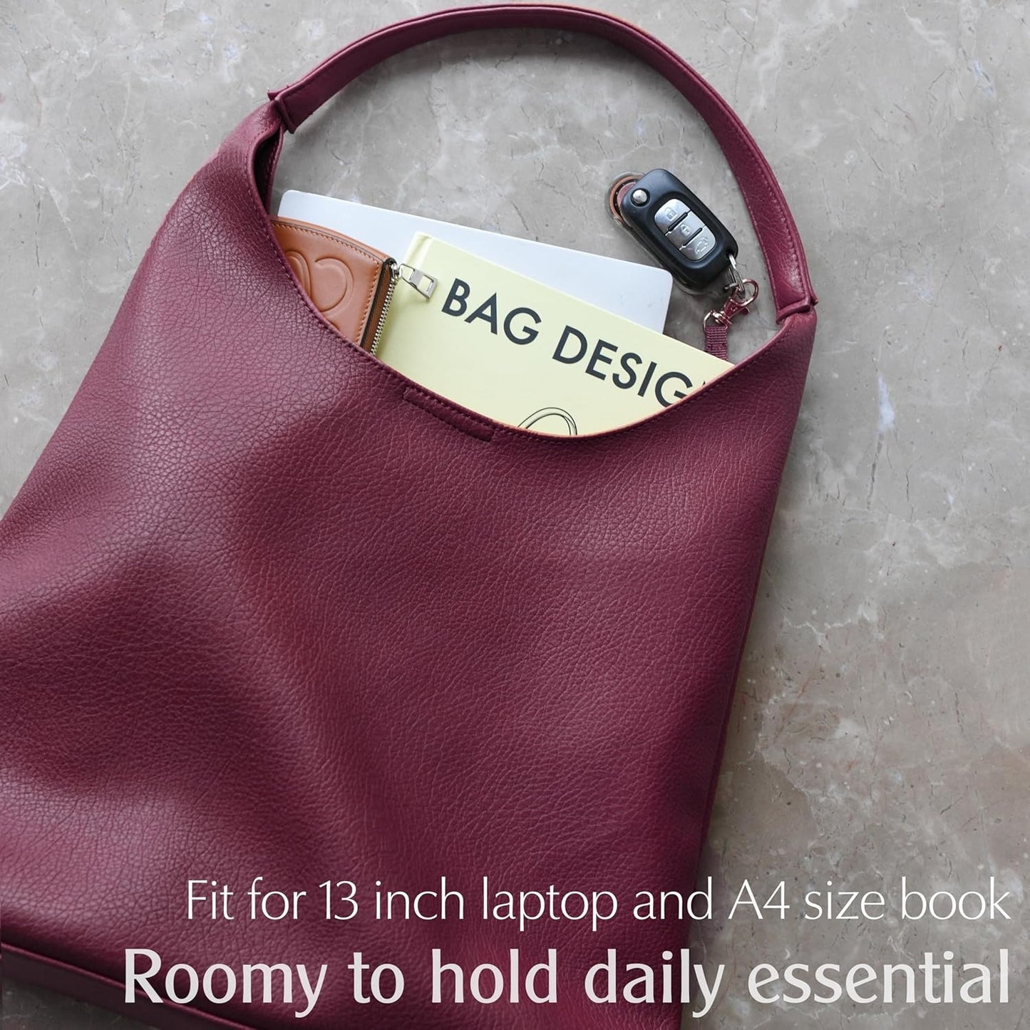 Soft Vegan Leather Hobo Bag for Women - Dark Red