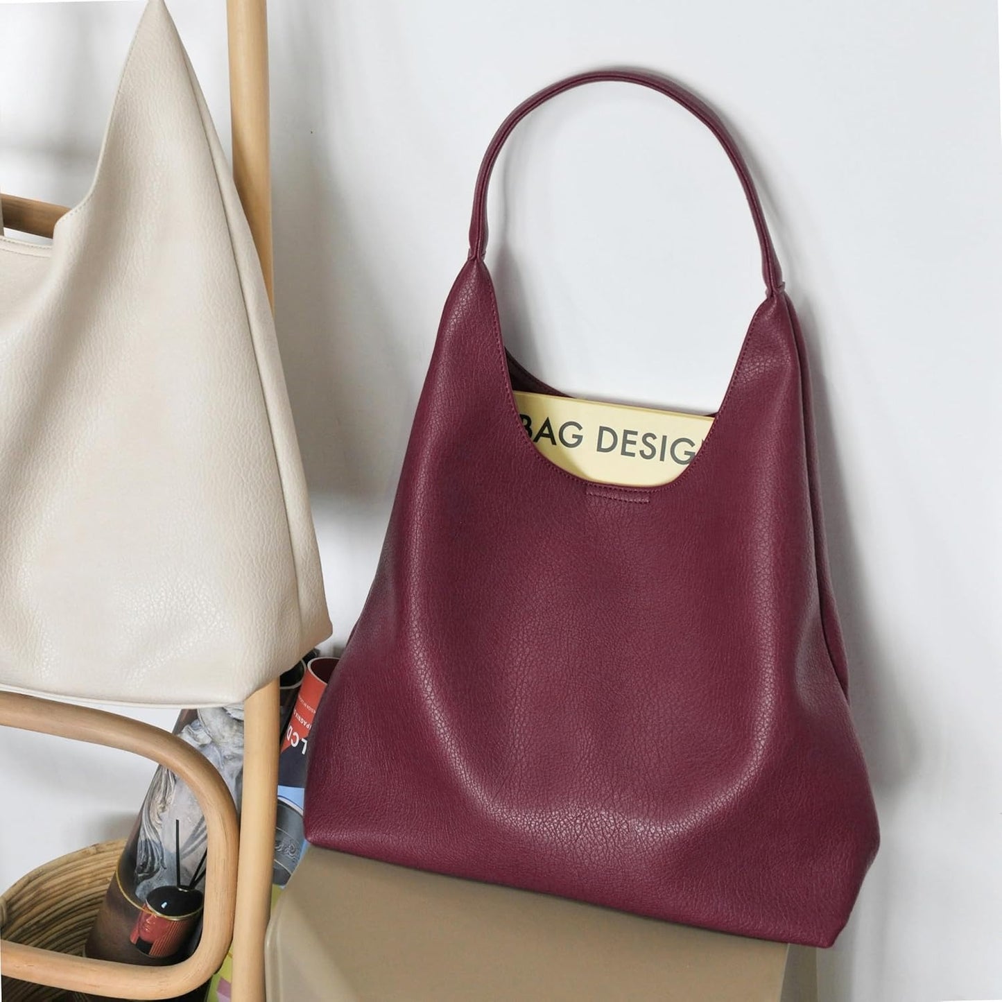 Soft Vegan Leather Hobo Bag for Women - Dark Red