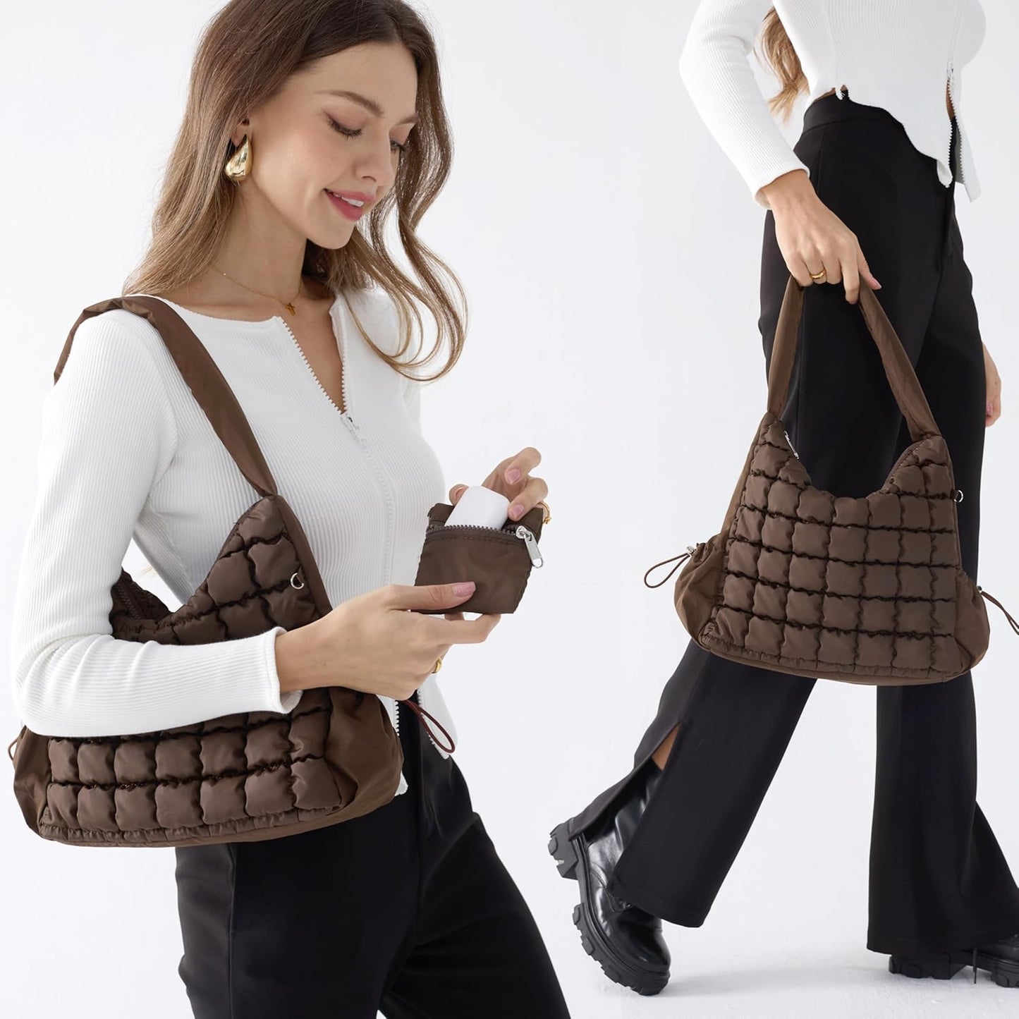 Puffer Quilted Shoulder Bag for Women Hobo Handbag Lightweight Purse