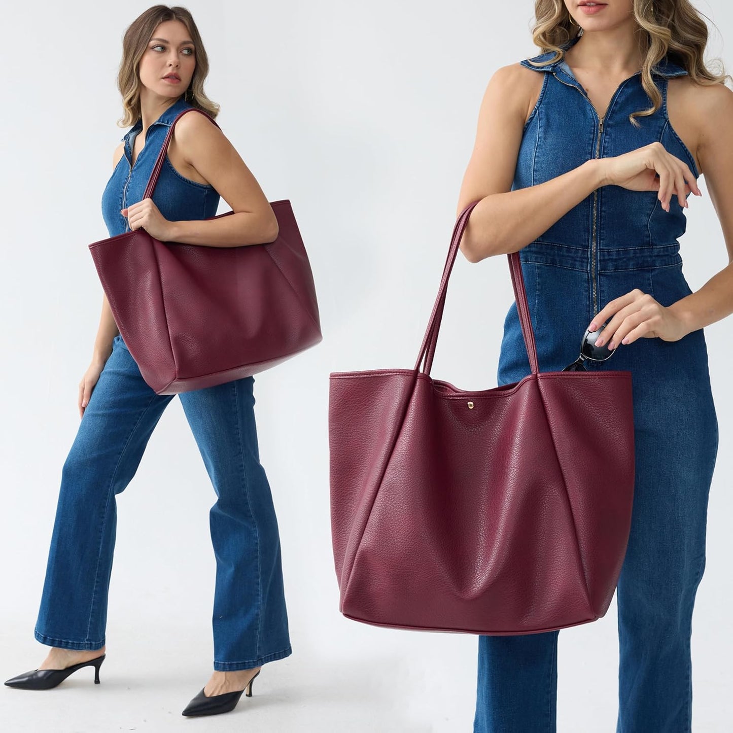 Oversized Vegan Leather Tote Women's Travel Bag - Dark Red