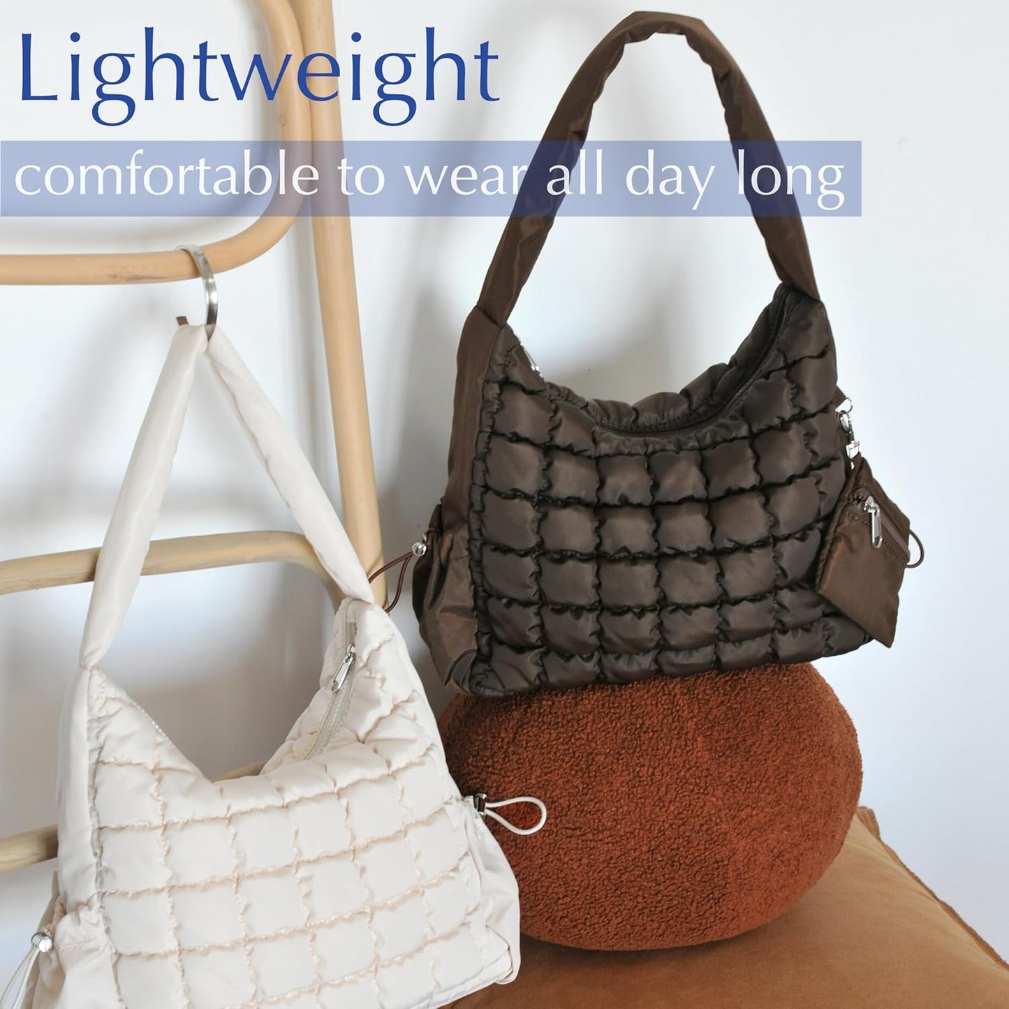 Puffer Quilted Shoulder Bag for Women Hobo Handbag Lightweight Purse
