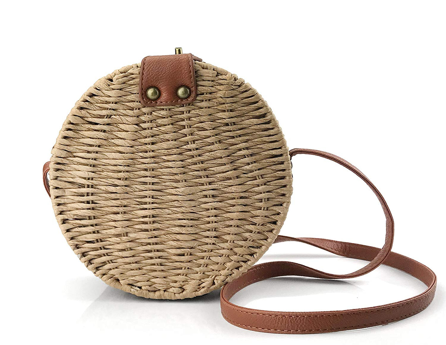 Round Straw Handwoven Shoulder Bag Women Cross body Bag for Summer Holiday - Hoxis Bags