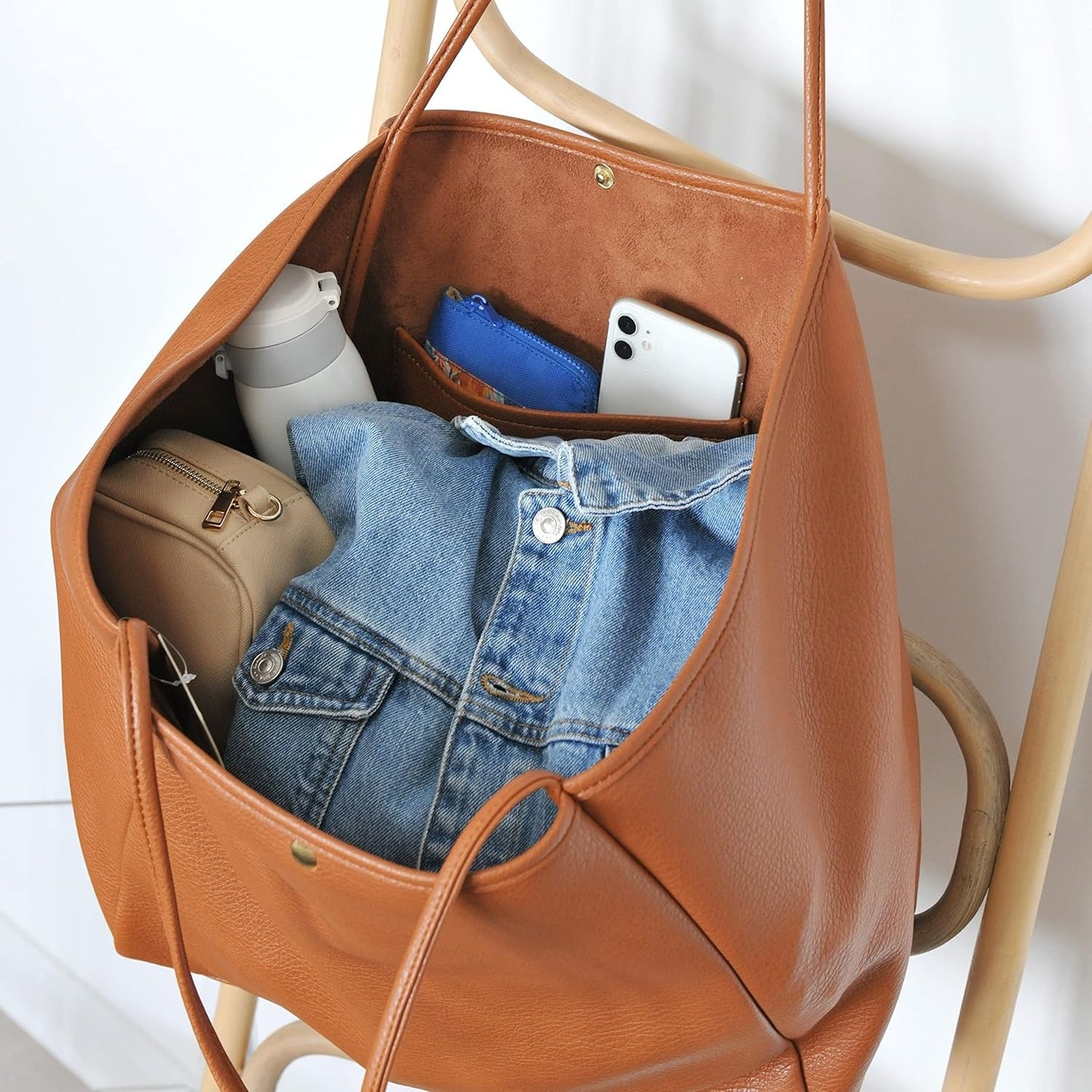 Oversized Vegan Leather Tote Women's Travel Bag - Orange Brown