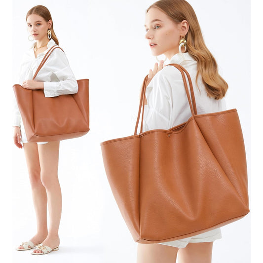 Oversized Vegan Leather Tote Women's Travel Bag - Orange Brown