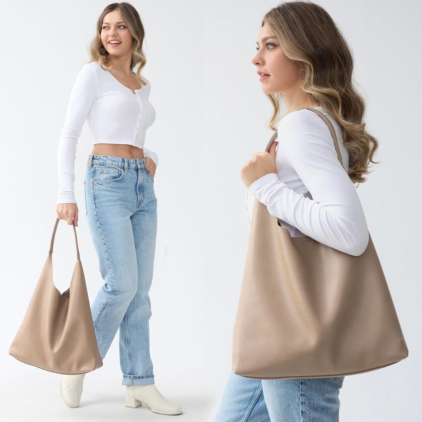 Soft Vegan Leather Hobo Bag for Women - Nude