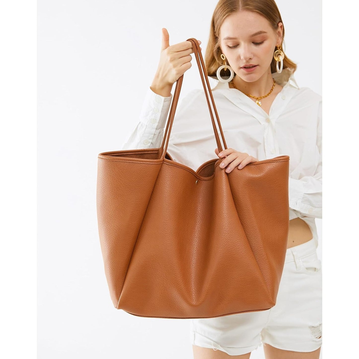 Oversized Vegan Leather Tote Women's Travel Bag - Orange Brown