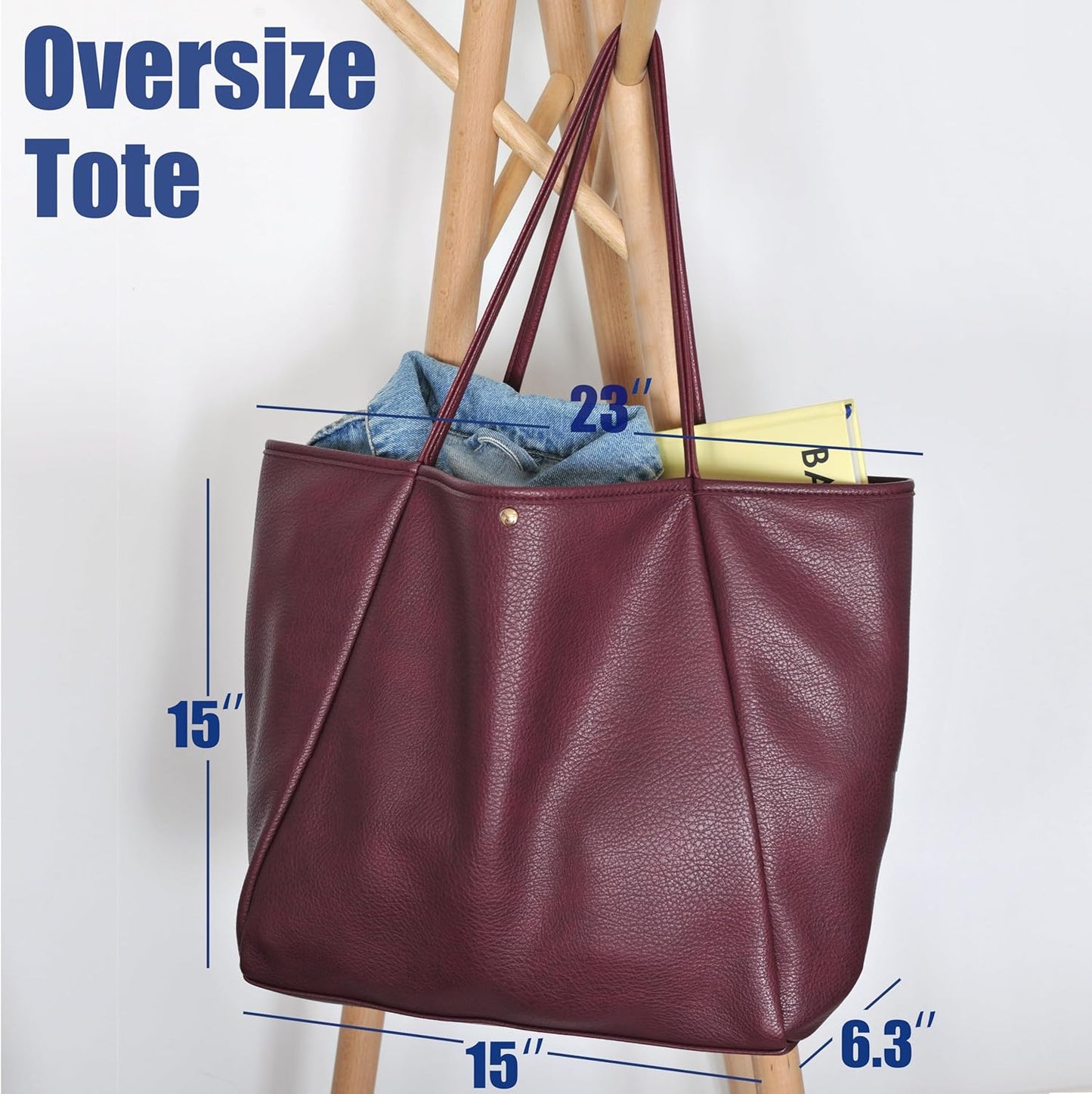 Oversized Vegan Leather Tote Women's Travel Bag - Dark Red