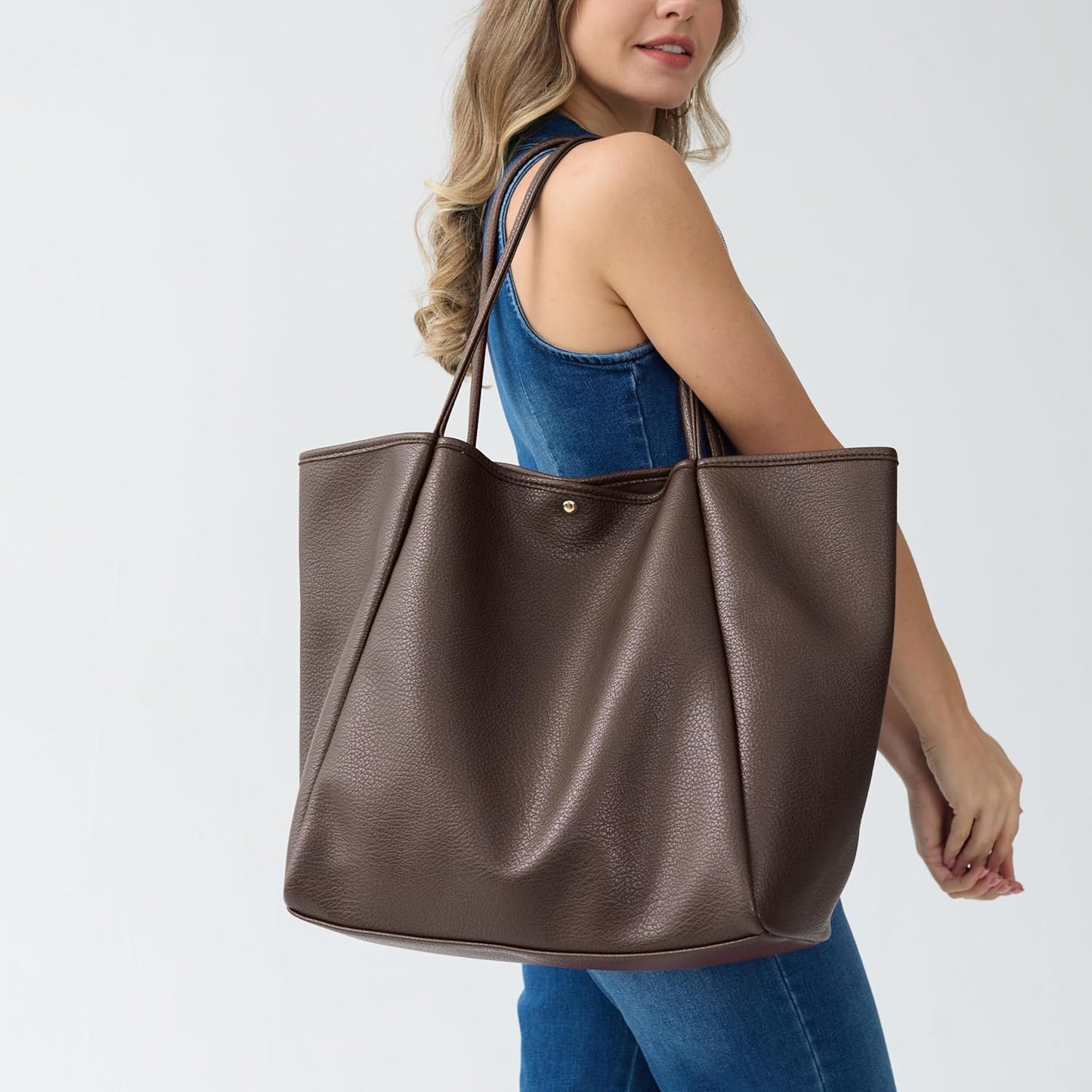 Oversized Vegan Leather Tote Women's Travel Bag - Coffee