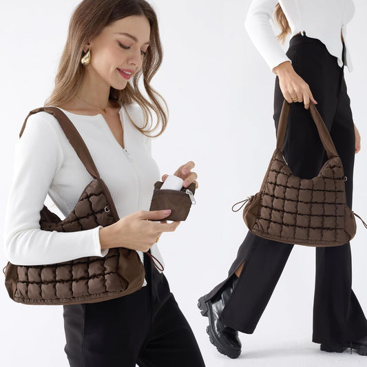 Puffer Quilted Shoulder Bag for Women Hobo Handbag Lightweight Purse