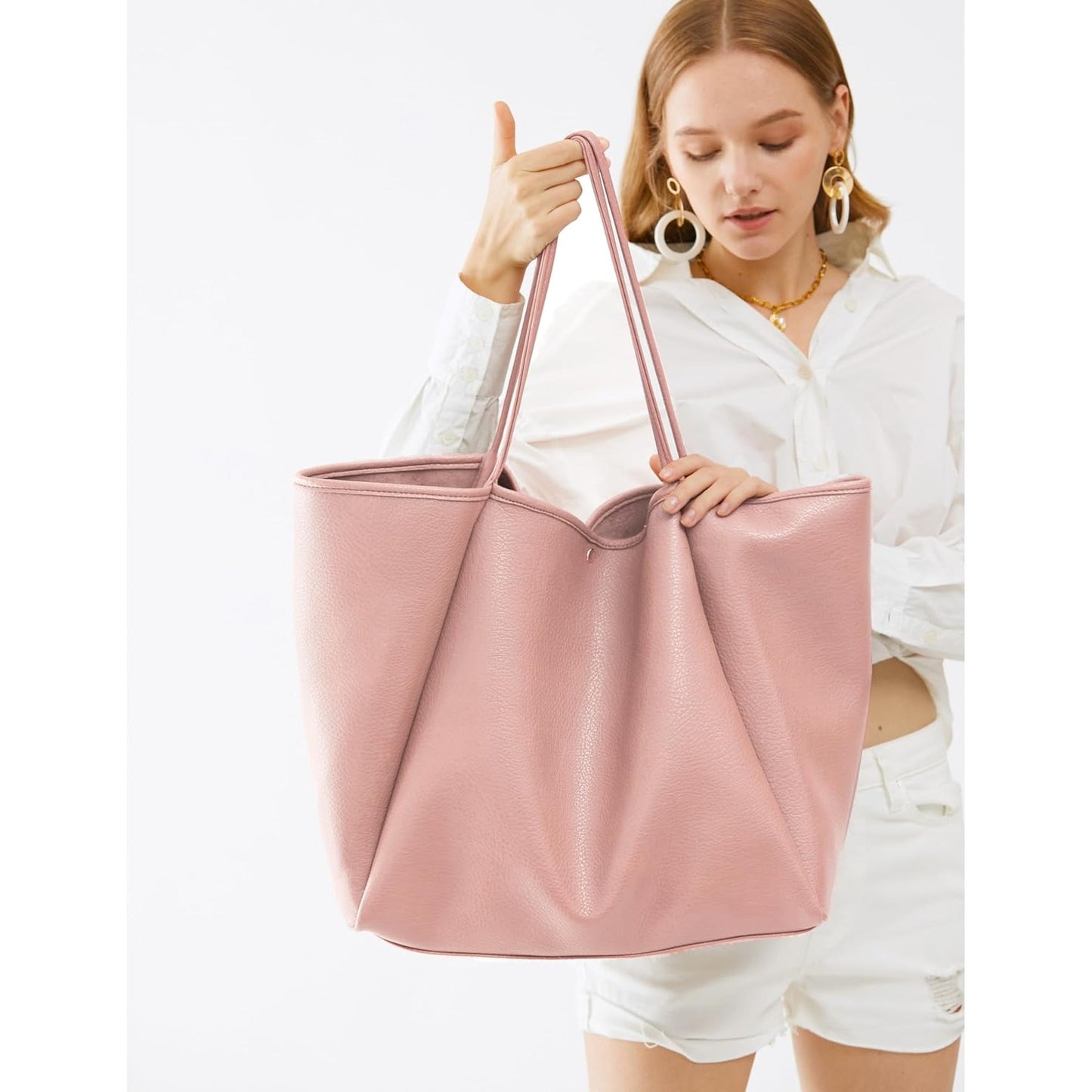 Oversized Vegan Leather Tote Women's Travel Bag - Pink