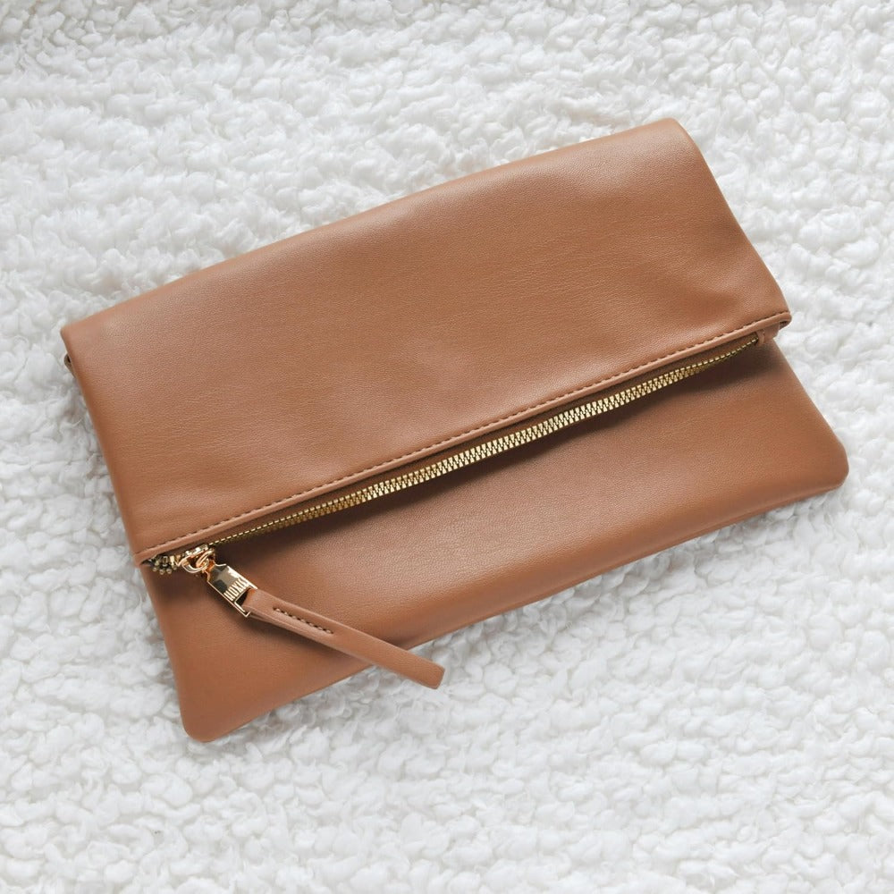 Women's Zipper Foldover Clutch Vegan Leather Envelope Cross body Bag with Chain Strap