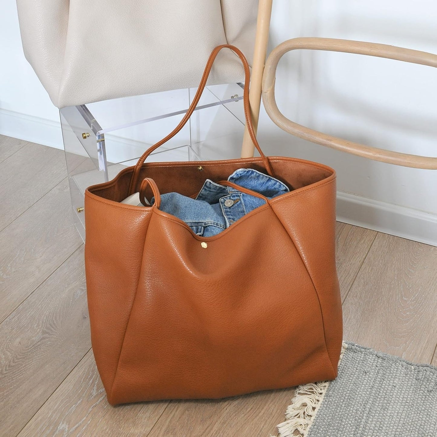 Oversized Vegan Leather Tote Women's Travel Bag - Orange Brown