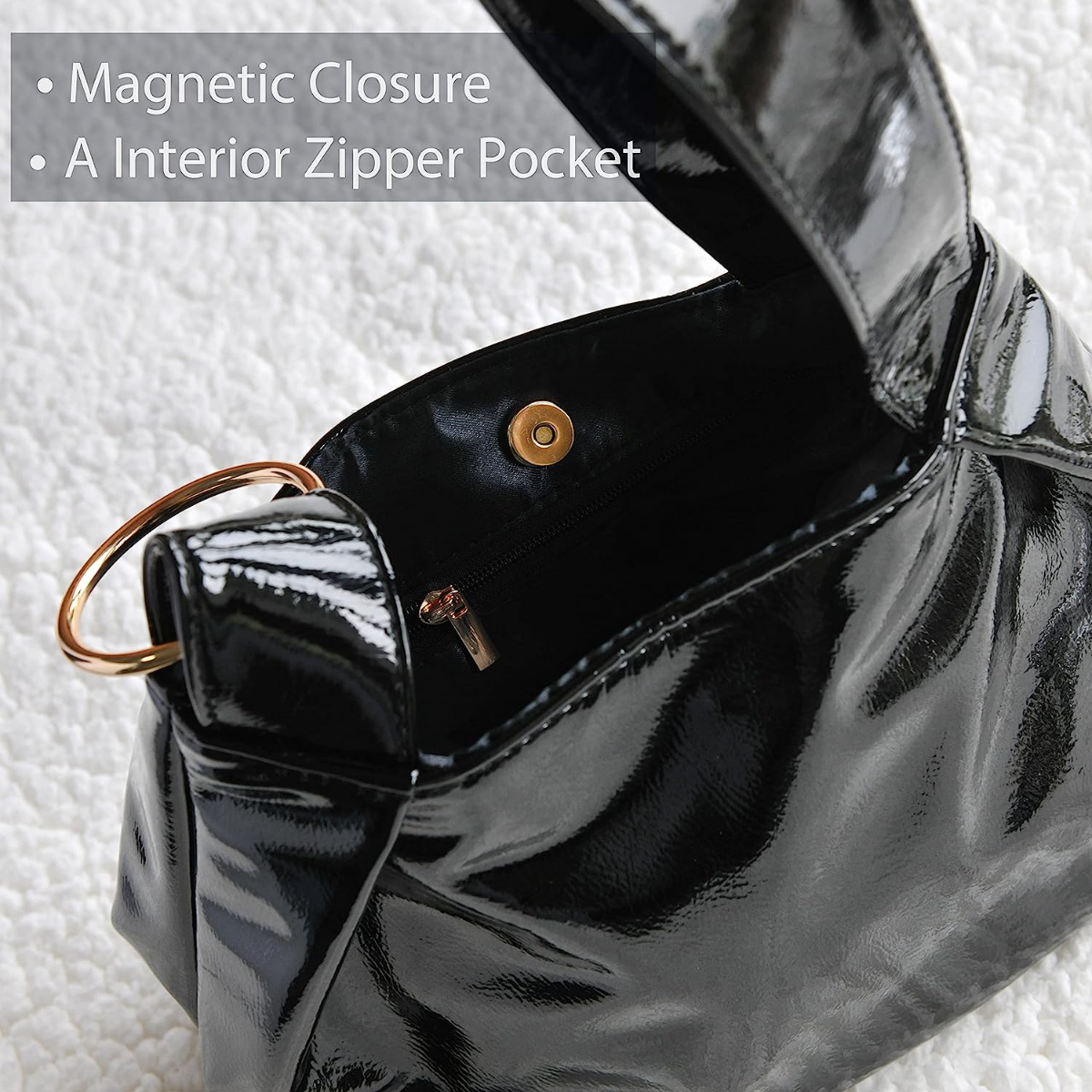 Women's Glossy Clutch Patent Vegan Leather Hobo Top Handle Bag Small Tote