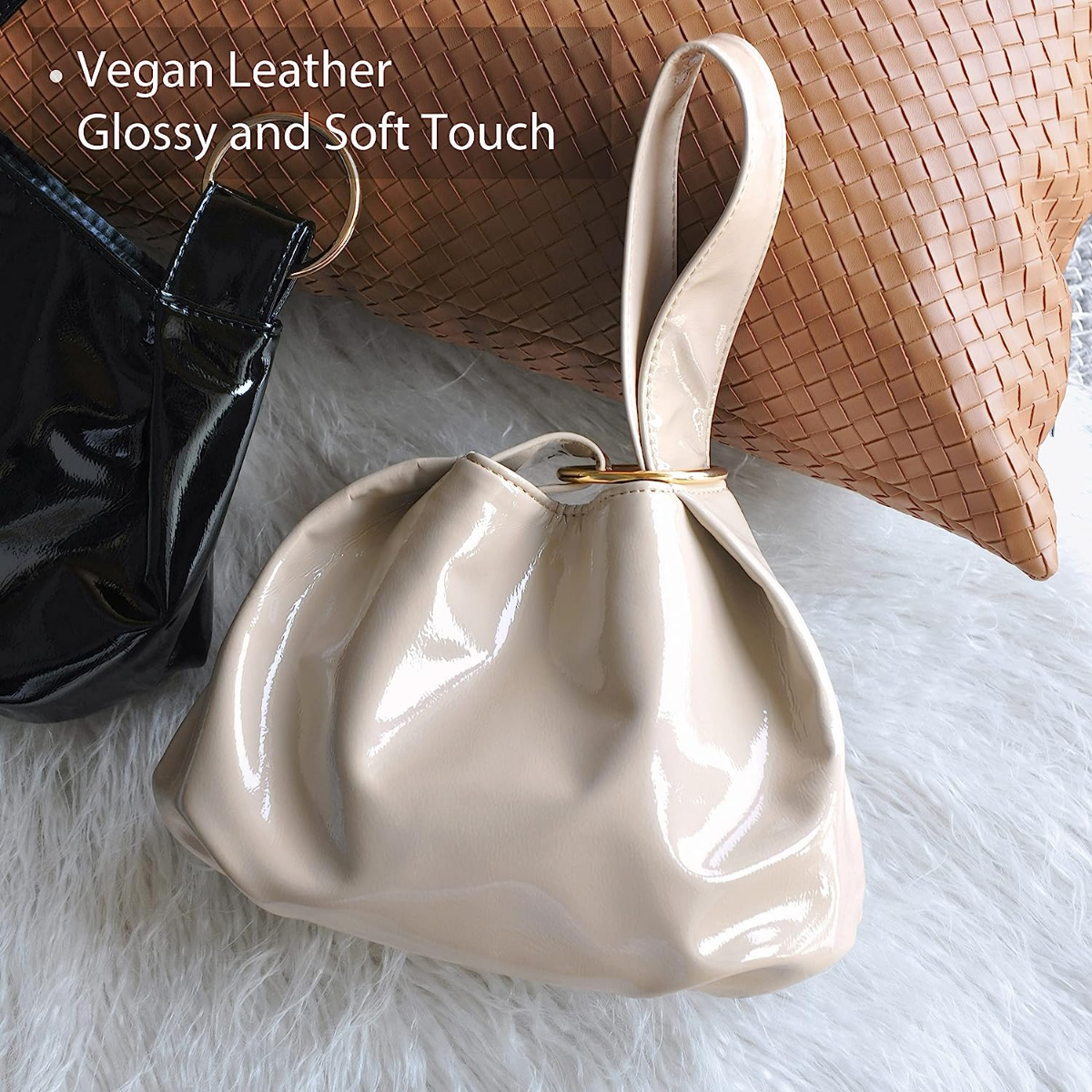 Women's Glossy Clutch Patent Vegan Leather Hobo Top Handle Bag Small Tote