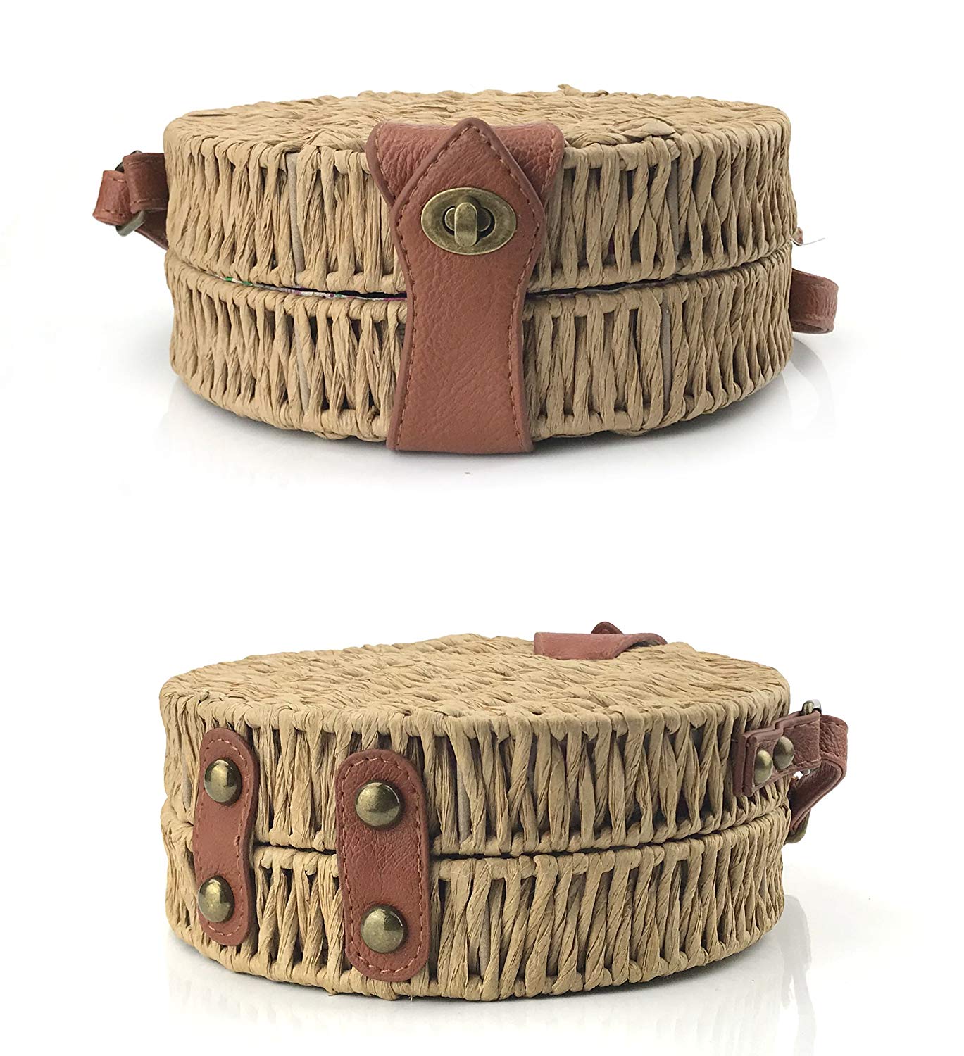 Round Straw Handwoven Shoulder Bag Women Cross body Bag for Summer Holiday - Hoxis Bags